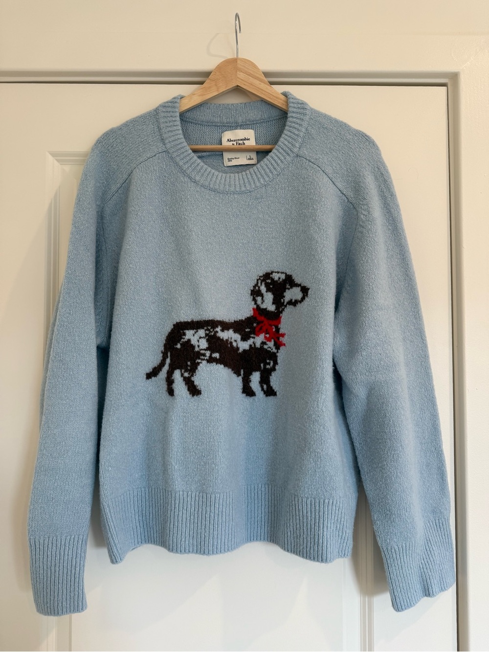 Abercrombie & Fitch Pale Blue Crewneck Sweater with Dog Intarsia and Red Bow